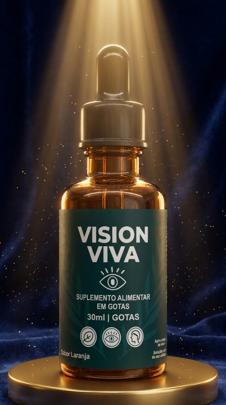 Frasco de Vision Viva sob feixe de luz dourada