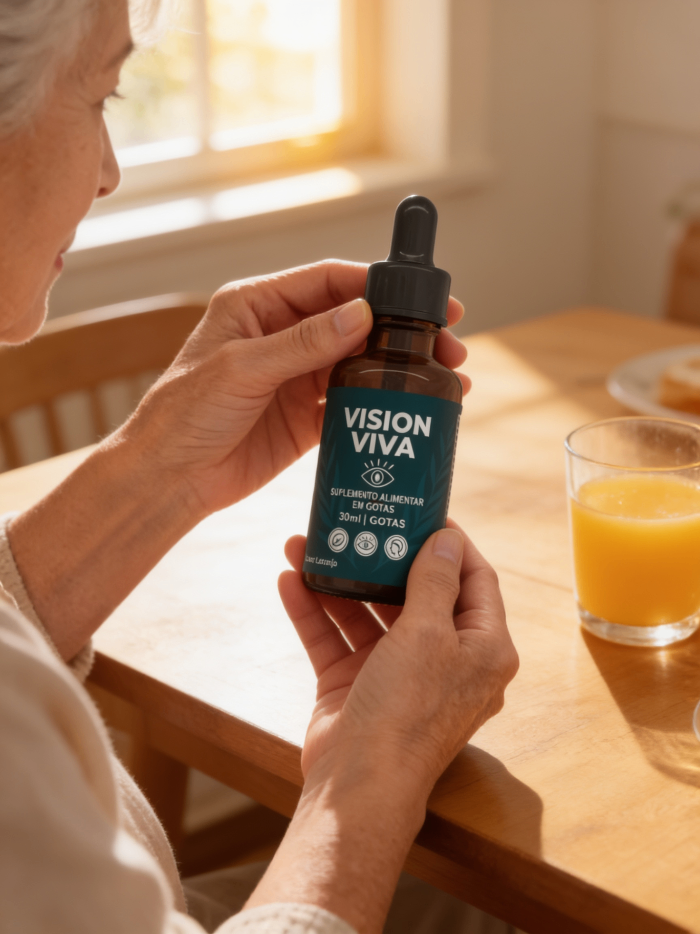 Senhora tomando o Vision Viva no café da manhã, ao lado de um copo de suco de laranja